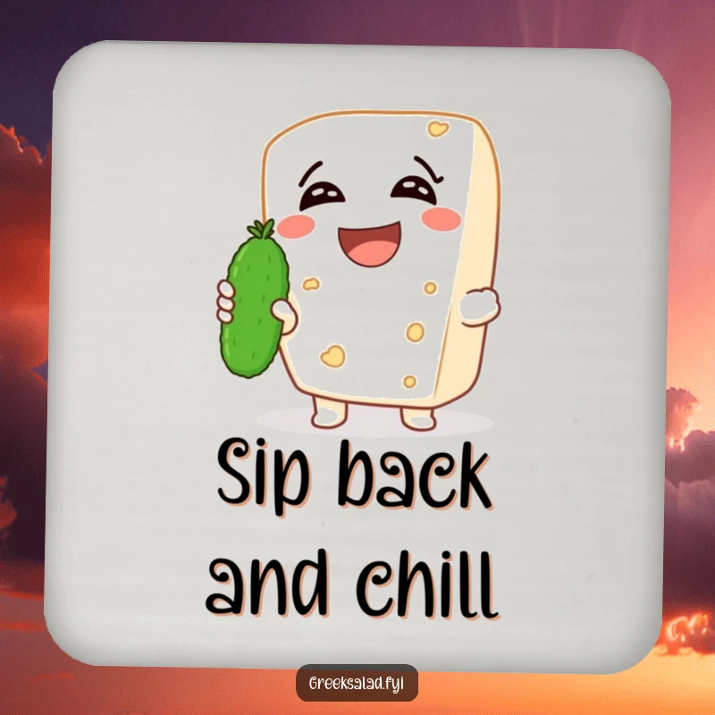 Funny drink coaster featuring a laughing feta cheese character holding a tiny cucumber, protecting surfaces with a humorous and cheesy design.