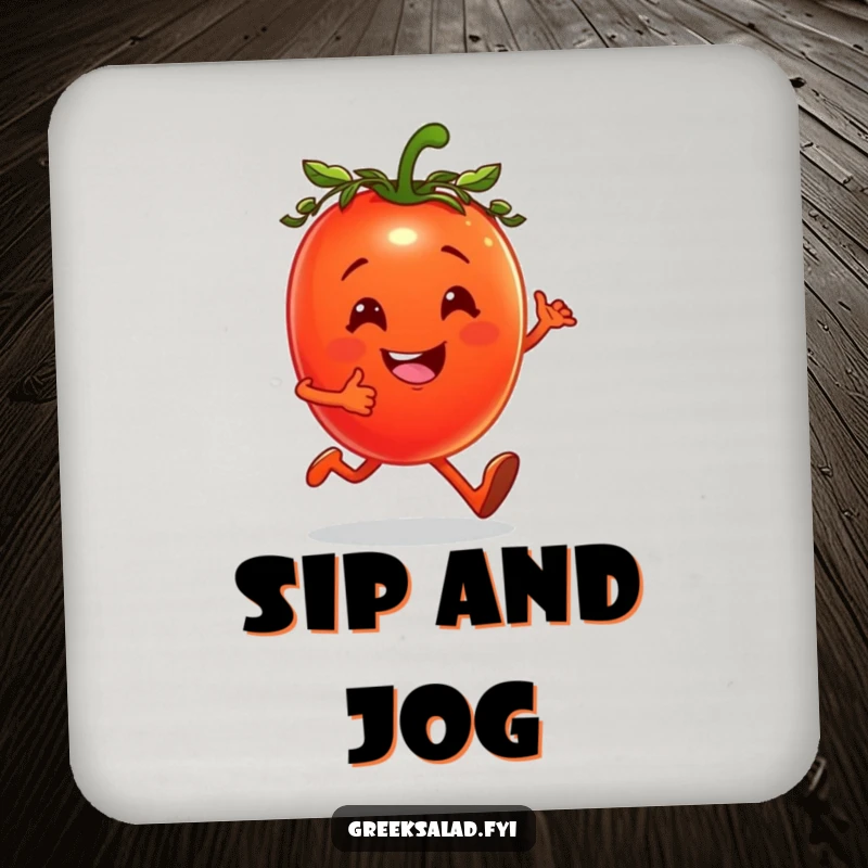 Funny drink coasters with a cheerful tomato, laurel wreath, jogging happily, perfect for fitness fans.