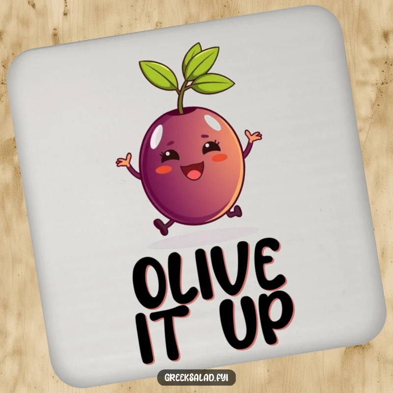 Funny Kalamata olive character hopping with its stem on a drink coaster, protecting surfaces with humor.