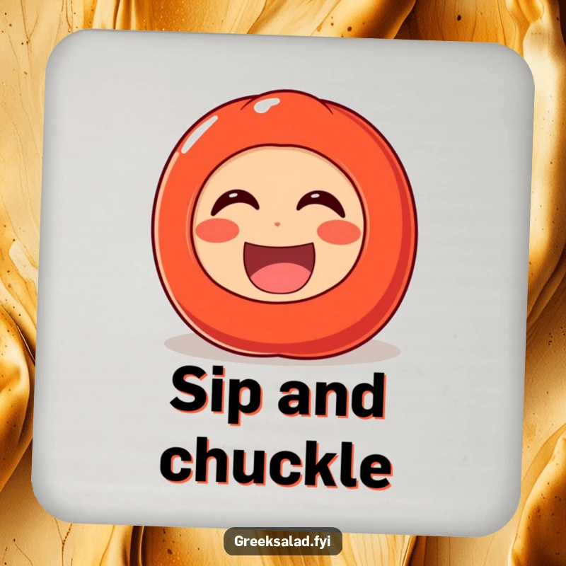 Funny drink coaster featuring a cheerful tomato character rolling with laughter, adding a vibrant and humorous vegetable accent to any tabletop.
