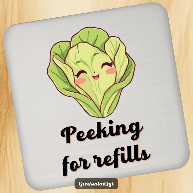 Funny lettuce leaf coaster showing a cute vegetable character peeking from the edge, protecting surfaces with whimsical charm.