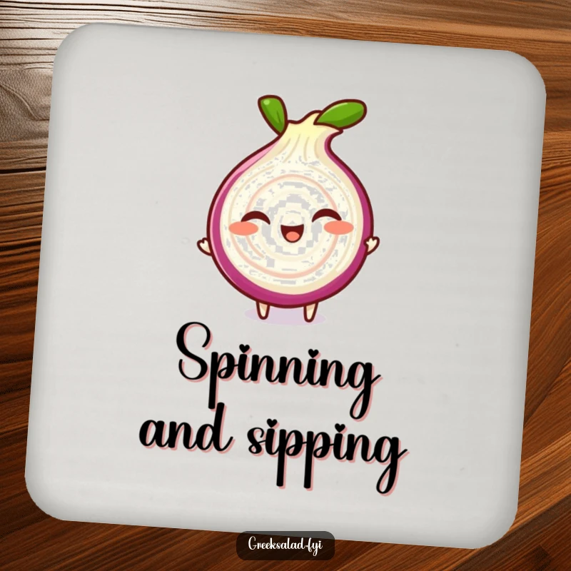 Funny drink coaster with a giggling red onion slice character doing a playful spin, adding humor to beverage service.