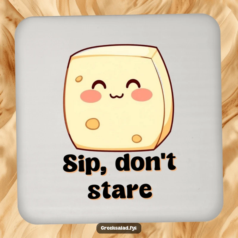 Funny drink coaster featuring a shy feta cheese block blushing adorably, adding a cute and humorous dairy accent to any tabletop.