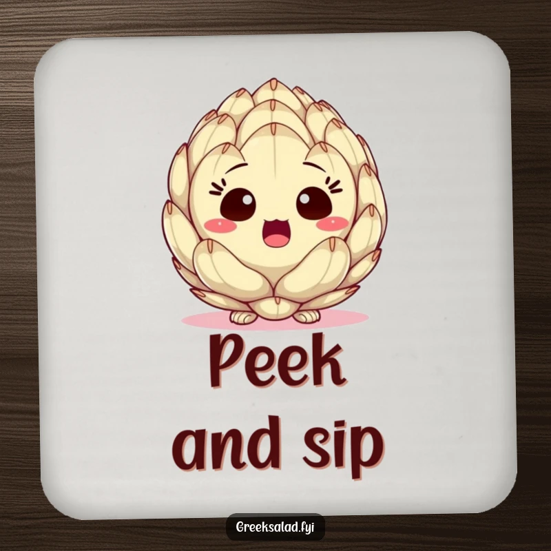 Funny drink coasters showcasing a surprised artichoke heart peeking, protecting furniture with charming, vegetable-themed humor.
