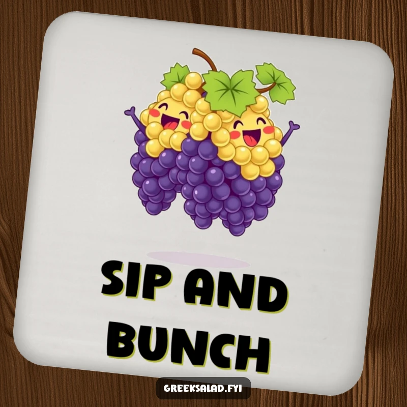 Funny coaster depicting a bunch of grapes mid-synchronized jump, offering a cheerful and protective element for any tabletop.