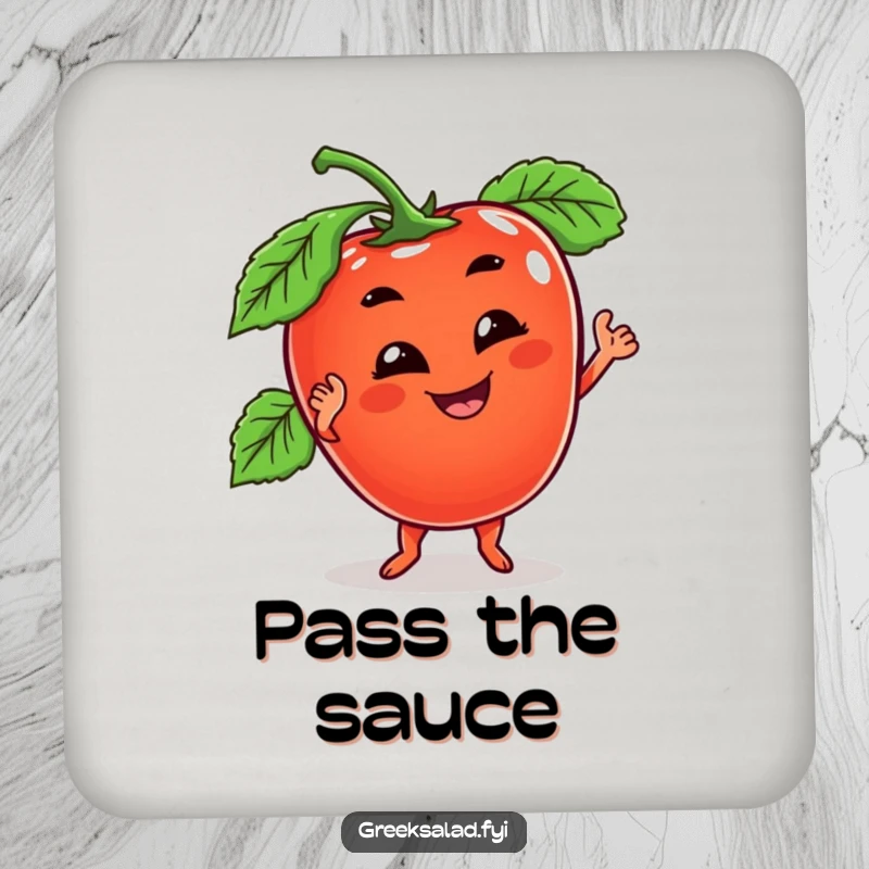 Funny drink coaster with a tomato character with a goofy grin, doing a wobbly dance, adding playful humor to table protection.