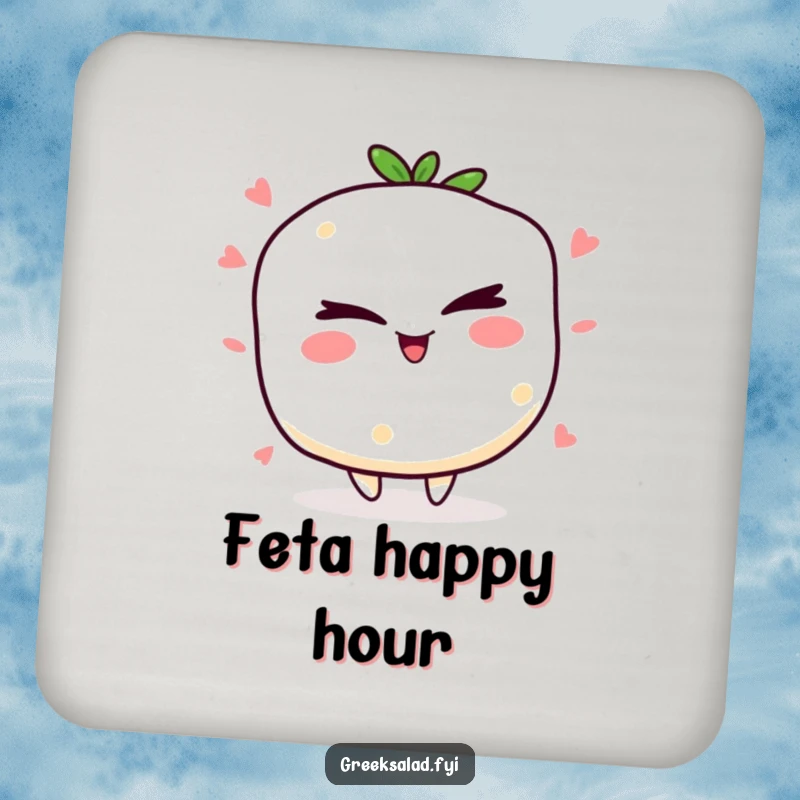 Funny winking feta cheese drink coaster with a jolly character winking mischievously, adding a humorous food-themed touch to decor.