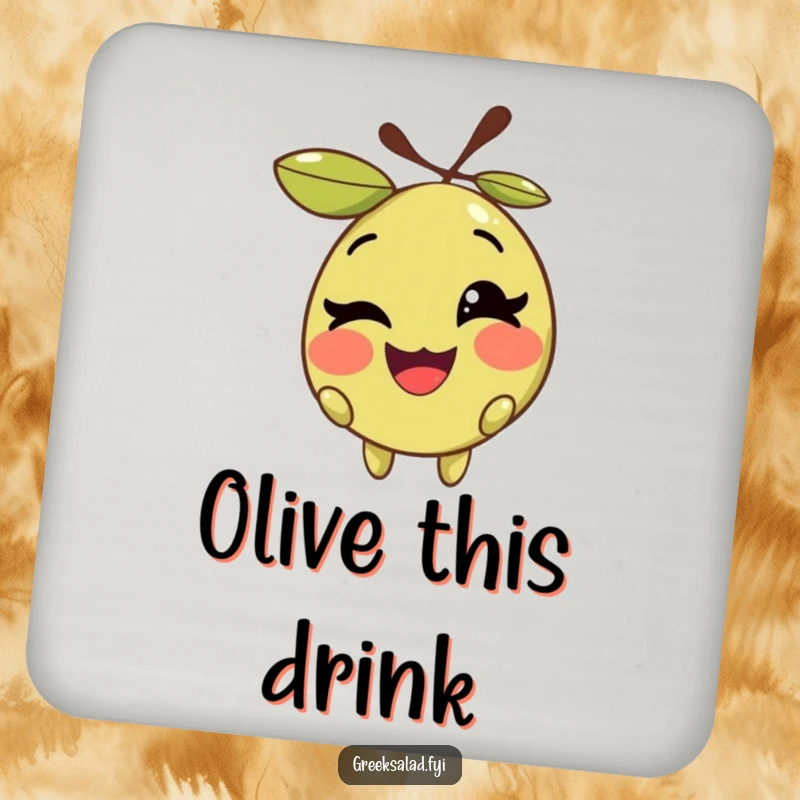 Funny drink coaster featuring a smiling olive character winking playfully, adding a humorous and charming touch.