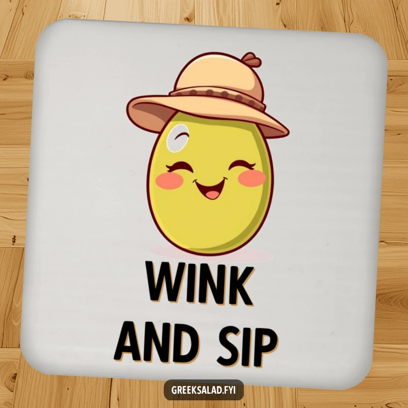 Funny drink coaster featuring a smiling olive character wearing a jaunty hat and giving a playful wink, perfect for adding charm.