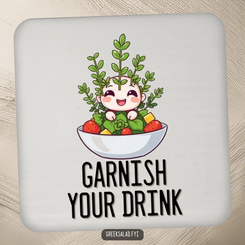 Funny drink coaster with a happy oregano sprig winking from a salad, perfect for adding herbal humor.