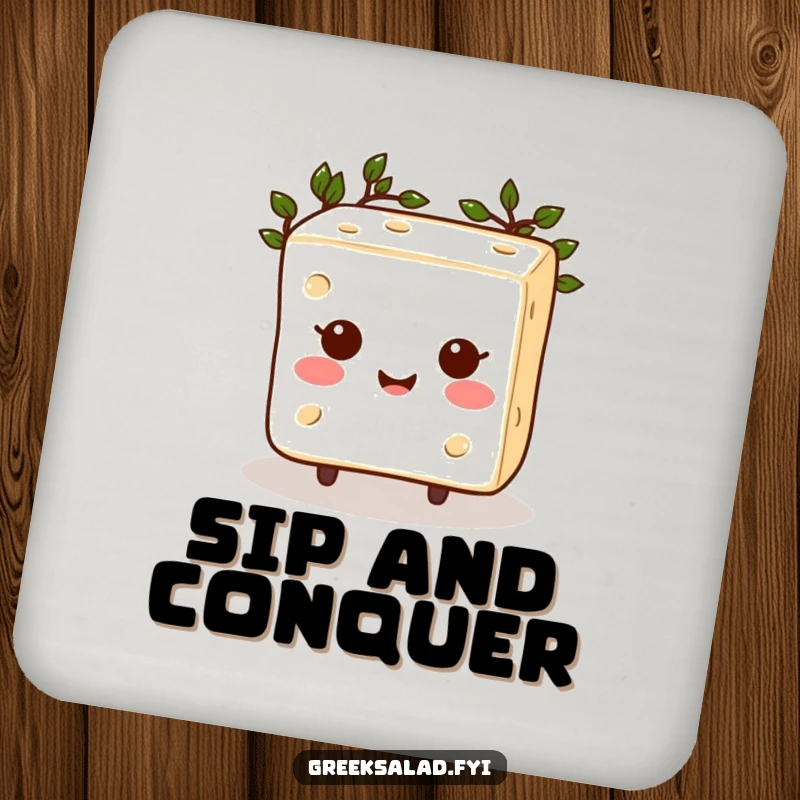 Funny Feta Cheese Coaster: A happy feta cheese cube with a laurel wreath, protecting your surfaces with cheesy elegance.