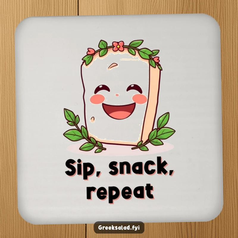 Funny Drink Coaster featuring a laughing feta cheese block with a laurel wreath, spinning with delight, perfect for protecting surfaces with humor.
