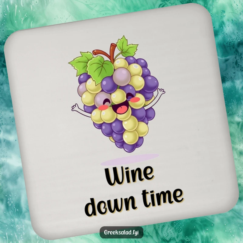Funny Coasters: A bunch of delighted grapes bounces with enthusiasm, adding humorous charm.