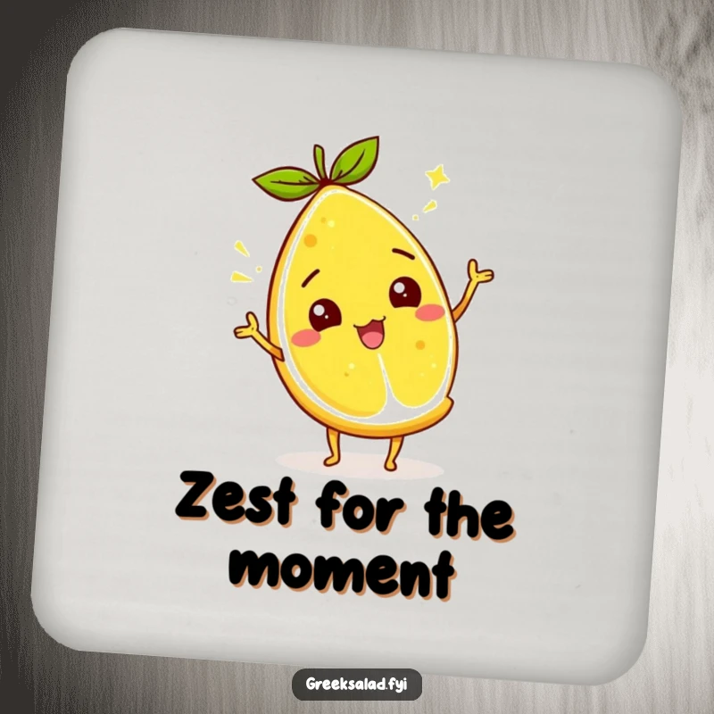 Funny lemon wedge coaster showing a citrus character wiggling its zest, adding whimsical charm and protecting surfaces.