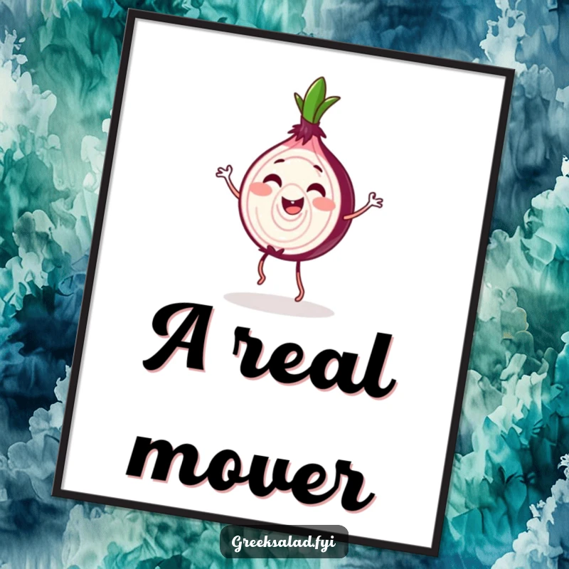 Funny Red Onion Jig Poster: A jubilant red onion slice dances, bringing happy vibes and veggie joy.