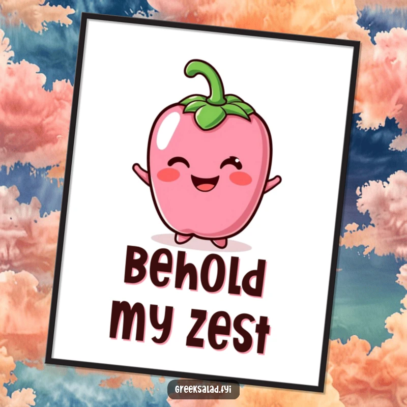 Funny poster displaying a cheerful bell pepper character with a bright smile, bringing positive vibes to any space.