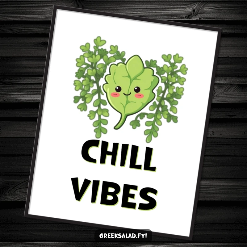 Funny poster of a curious oregano leaf with a gentle smile, floating downwards, bringing peace to wall decor.