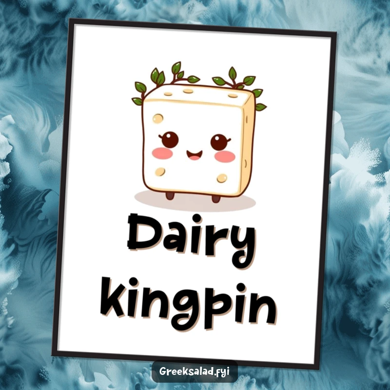 Funny Feta Cheese Poster: A cheerful feta cheese cube crowned with a laurel wreath, radiating happiness and culinary glory on your wall.