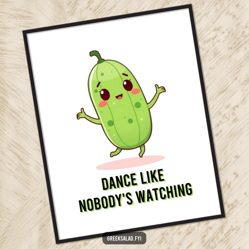 Funny cucumber character in a lively dance pose on a poster, bringing a sense of vibrant energy and cheerfulness.