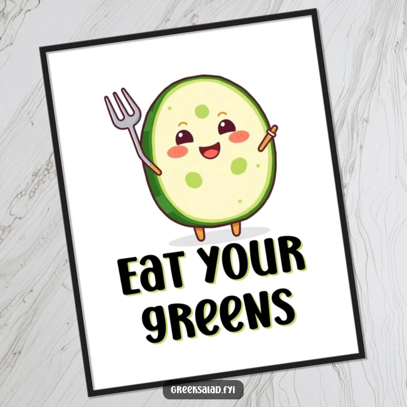 Funny Poster: A joyful cucumber slice grins broadly and waves a small fork, adding humor.