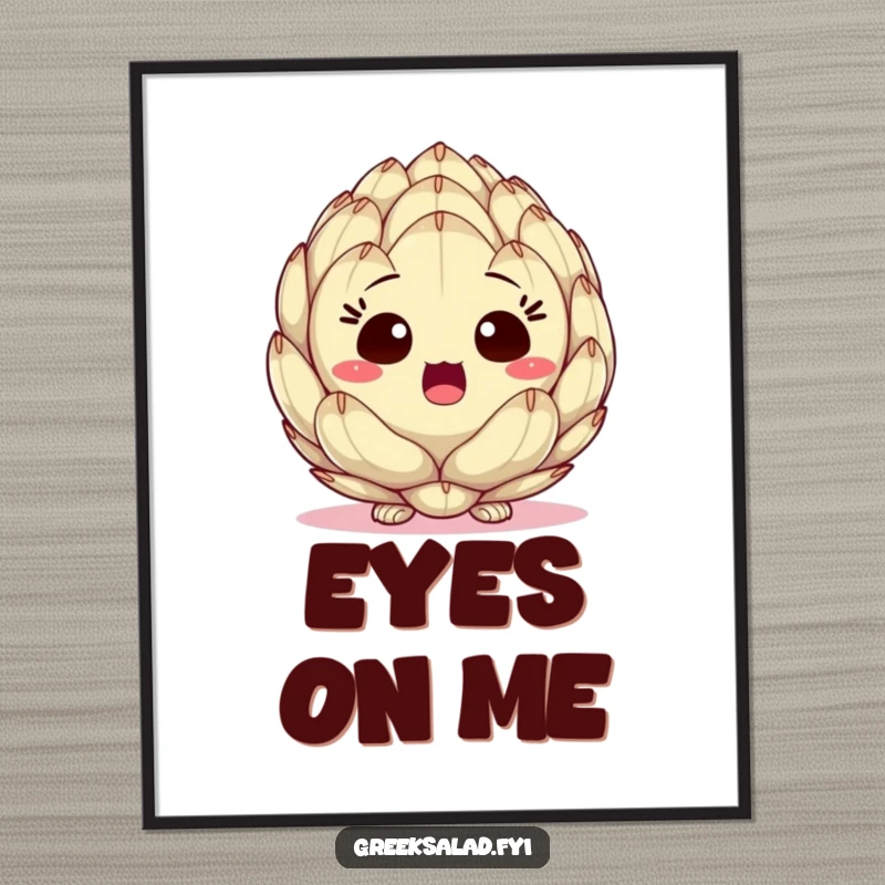 Funny poster featuring a surprised artichoke heart peeking out, adding whimsical and vegetable-themed humor to your wall art.