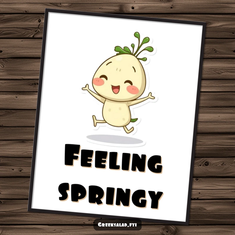 Funny dill sprig poster depicting an ecstatic herb character in mid-hop, full of life and vibrant energy.