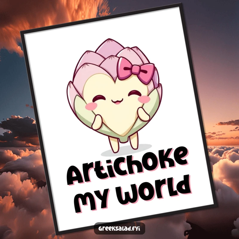 Funny delighted artichoke heart character in mid-bow, captured as wall art poster.