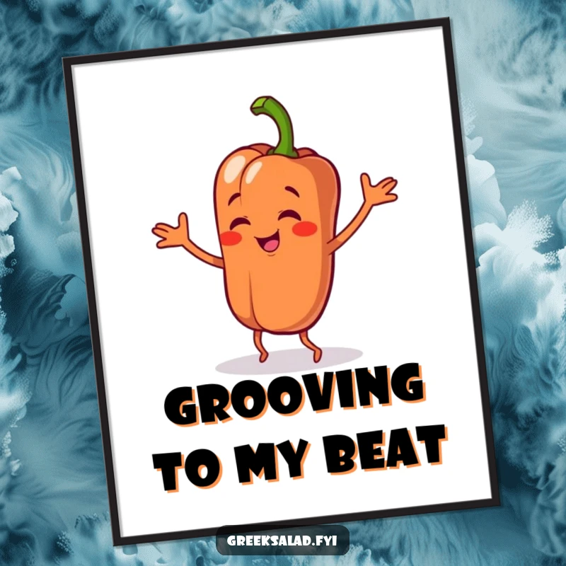 Funny poster showcasing a bell pepper character doing a silly dance, bringing vegetable-themed humor and vibrant energy to any wall.