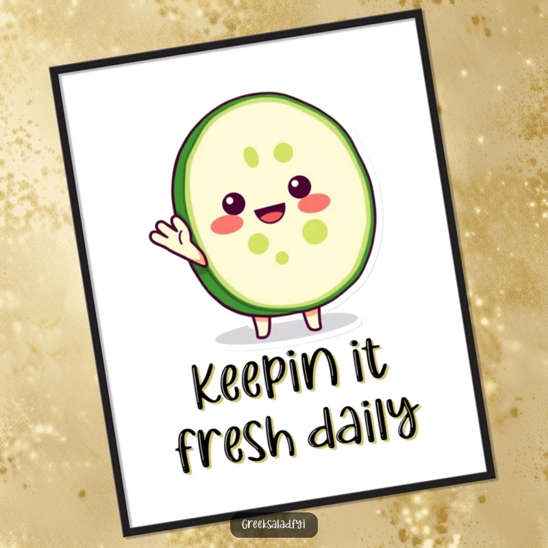 Funny poster displaying a happy cucumber slice character waving with a bright smile, an uplifting piece of vegetable art.