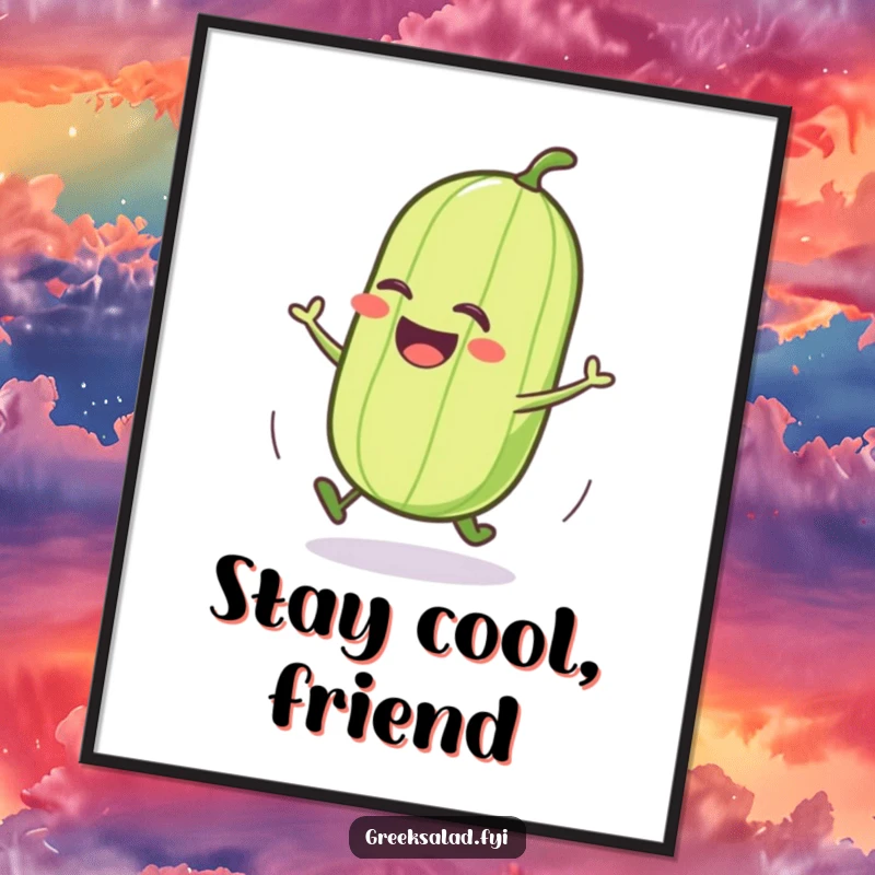 Funny cucumber poster featuring a jubilant character mid-roll, perfect for adding quirky vegetable humor and charm to decor.