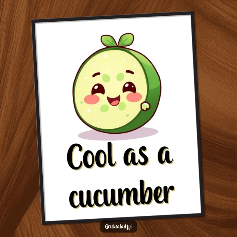 Funny delighted cucumber slice character with a cool expression and refreshing smile, displayed as cool wall art on a poster.