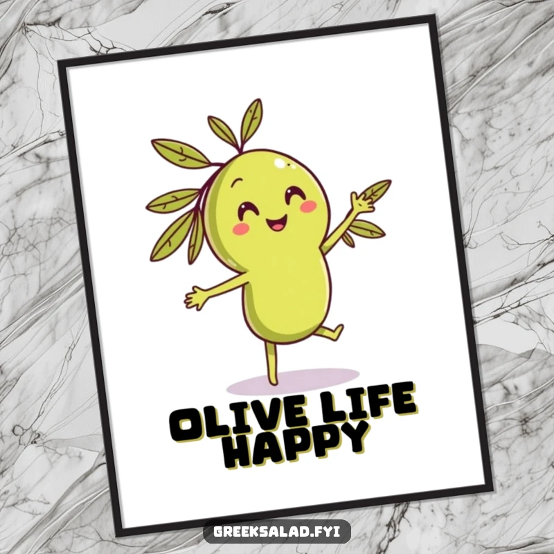 Funny dancing olive poster with a smiling character in a playful dance, adding quirky food-themed humor to wall art.