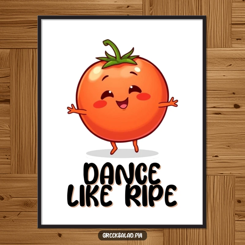 Funny poster of a smiling tomato with tiny legs performing an energetic and joyful dance move, full of life.