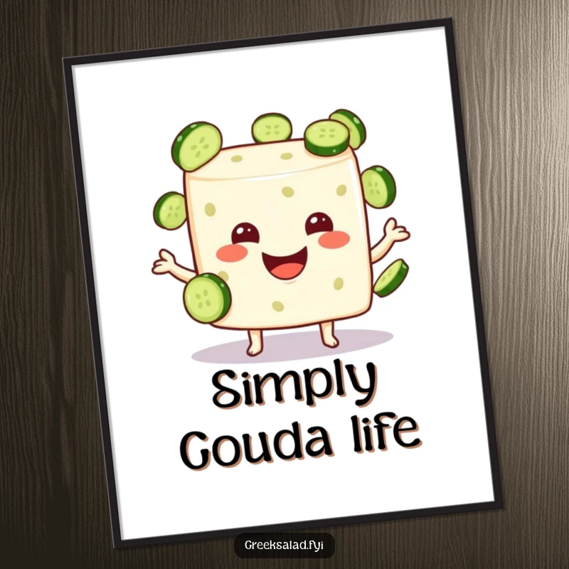 Funny feta cheese cube character gleefully juggling small cucumber slices, displayed as vibrant wall art poster.
