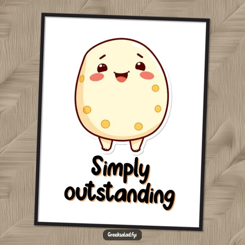 Funny poster displaying a beaming feta cheese character radiating pride, an uplifting piece of dairy-themed art.