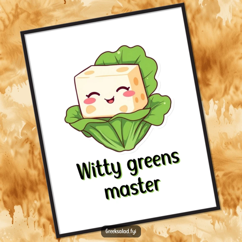 Funny poster art of a smiling feta cheese block winking slyly, perched atop a vibrant green lettuce leaf.