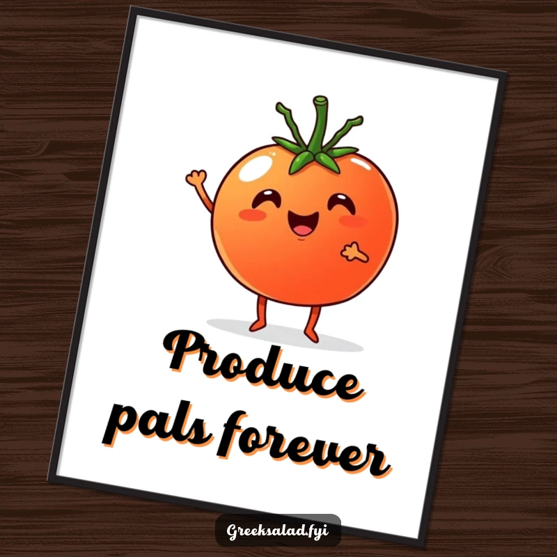 Funny Poster: Cheerful tomato with tiny legs enthusiastically cheering with a smiling cucumber, creating a fun scene.