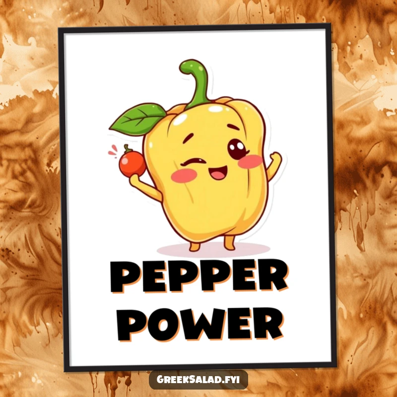 Funny poster art of a happy bell pepper character winking and tossing a caper, exuding playful charm and cheer.