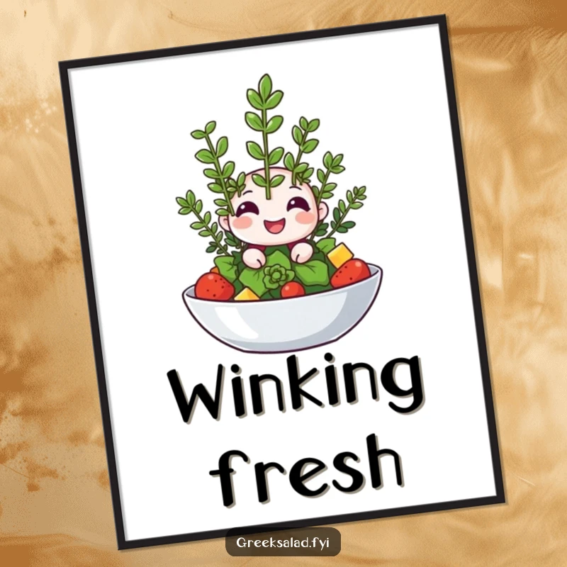 Funny poster displaying a happy oregano sprig winking from a salad, bringing fresh humor to wall art.