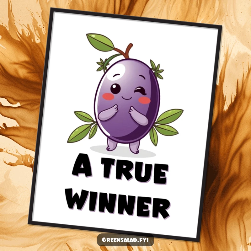 Funny poster depicting a delighted Kalamata olive in a laurel wreath, taking a bow, adding elegant humor to decor.