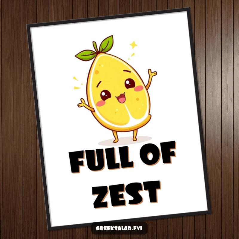 Funny lemon wedge poster depicting a citrus character vibrantly wiggling its zest, bringing a burst of sunny energy.