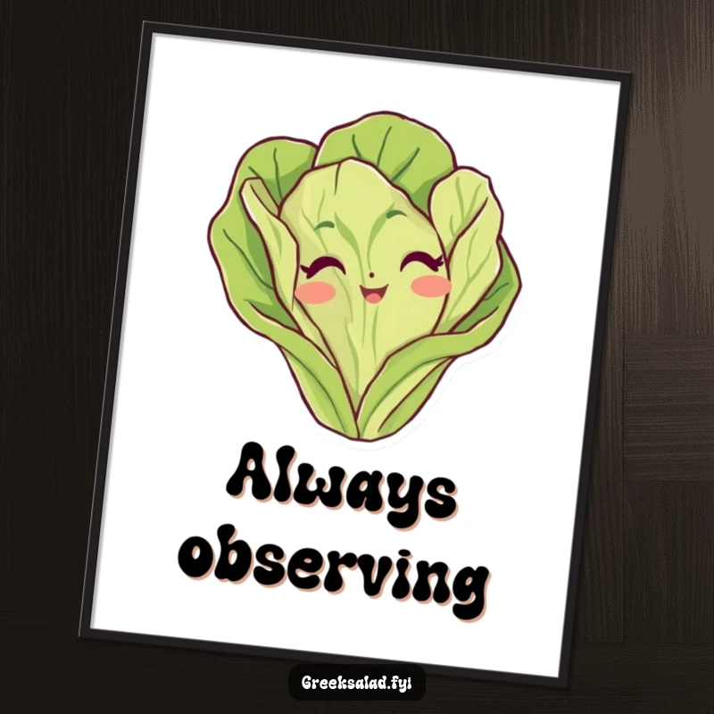 Funny lettuce leaf poster showing a cheerful vegetable peeking out from the side with a playful wink, adding humor to decor.
