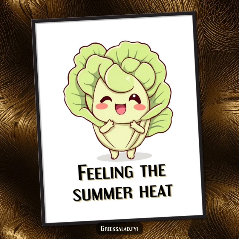 Funny poster artwork of a happy lettuce leaf character fanning itself with a leaf, exuding a cool and humorous vibe.