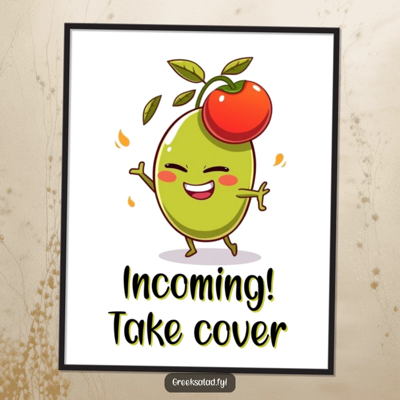 Funny olive character with a mischievous grin, comically dodging a flying tomato, displayed as humorous wall art on a poster.