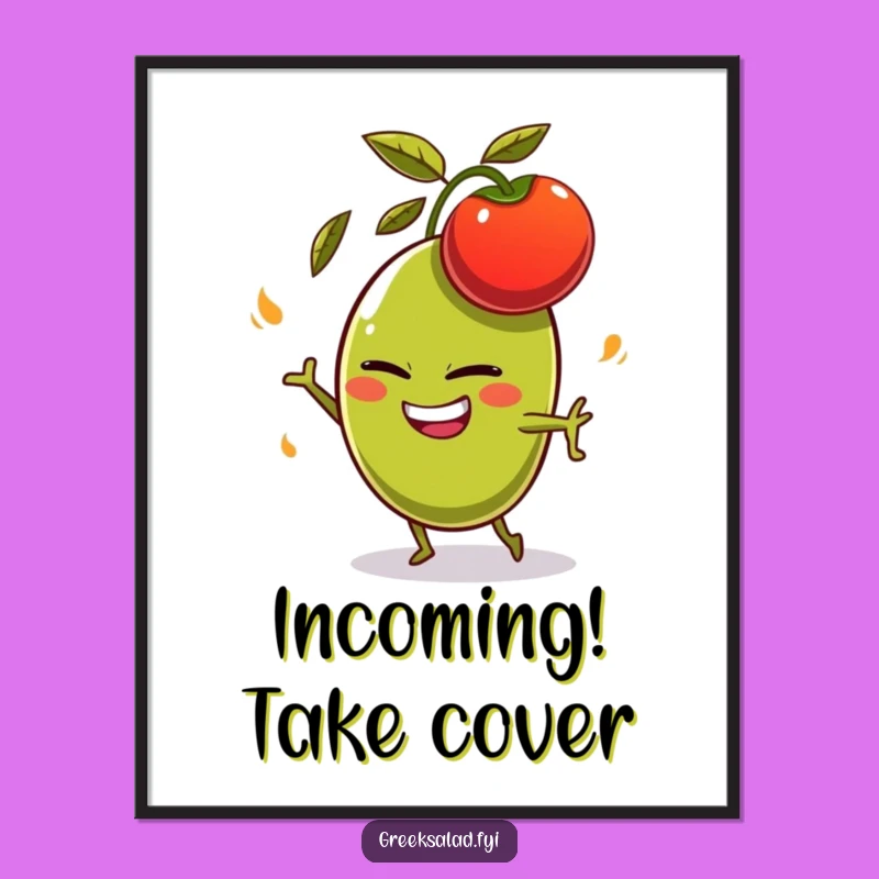 Funny Olive Dodging Tomato Poster - Hilarious Wall Art for Food Lovers