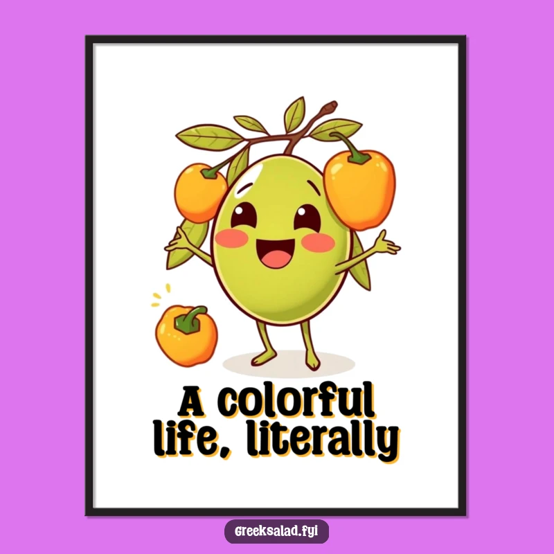 Funny Olive Juggling Peppers Poster: Hilarious Cartoon Art for Your Wall Decor