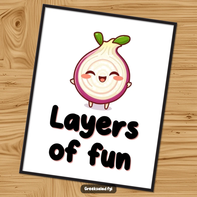 Funny poster displaying a giggling red onion slice character doing a playful spin, an uplifting piece of vegetable art.