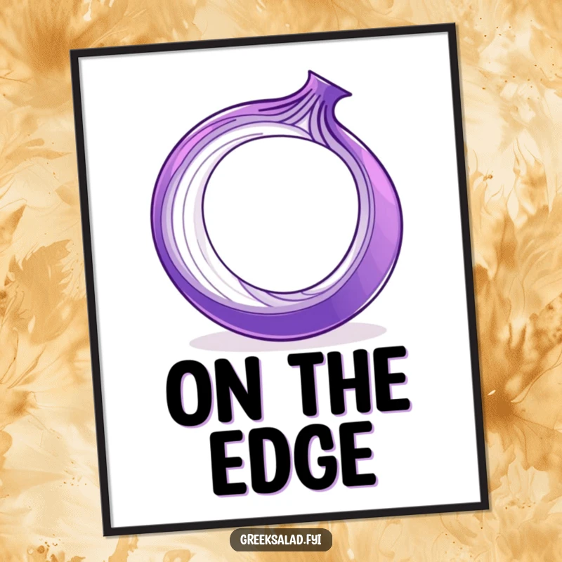 Funny purple onion ring character spinning on its edge, presented as a humorous art print for wall decoration.