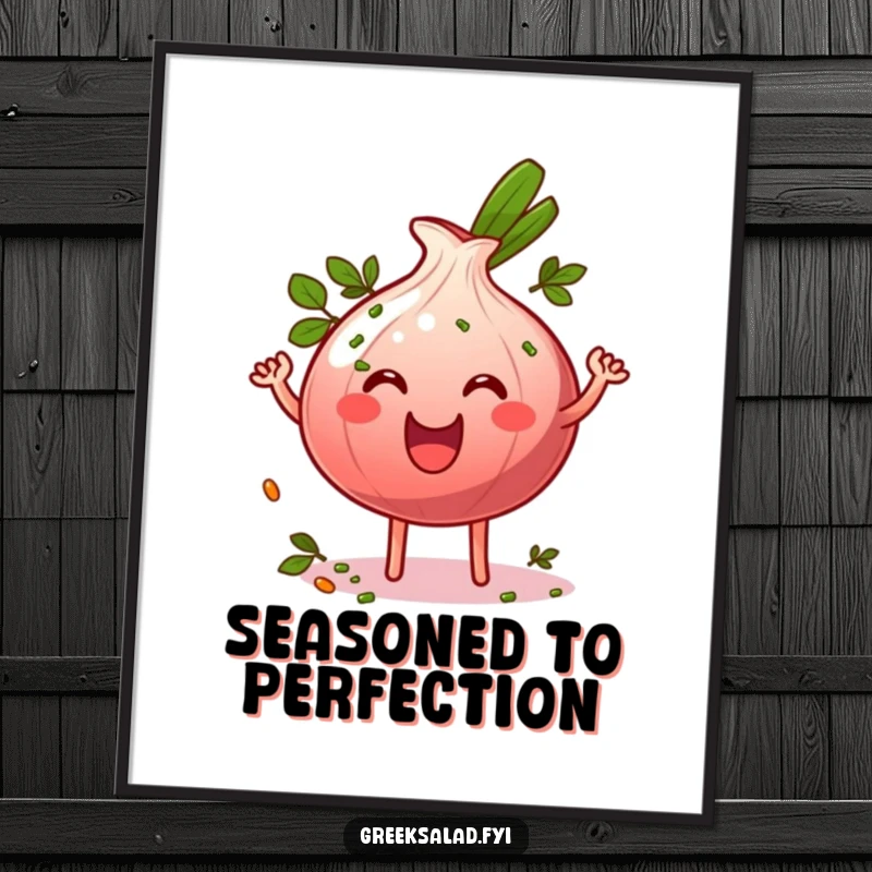 Funny grinning red onion ring character wiggling energetically and sprinkled with herbs, as vibrant wall art on a poster.