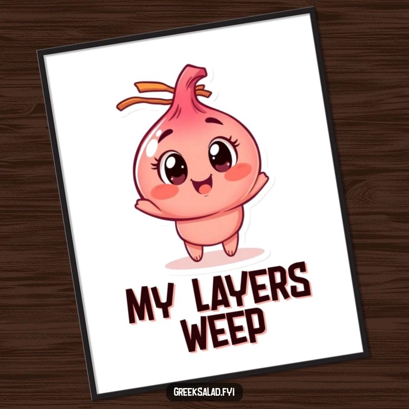 Funny red onion poster featuring a character with wide eyes, spinning with pure joy, adding humor and charm to wall decor.